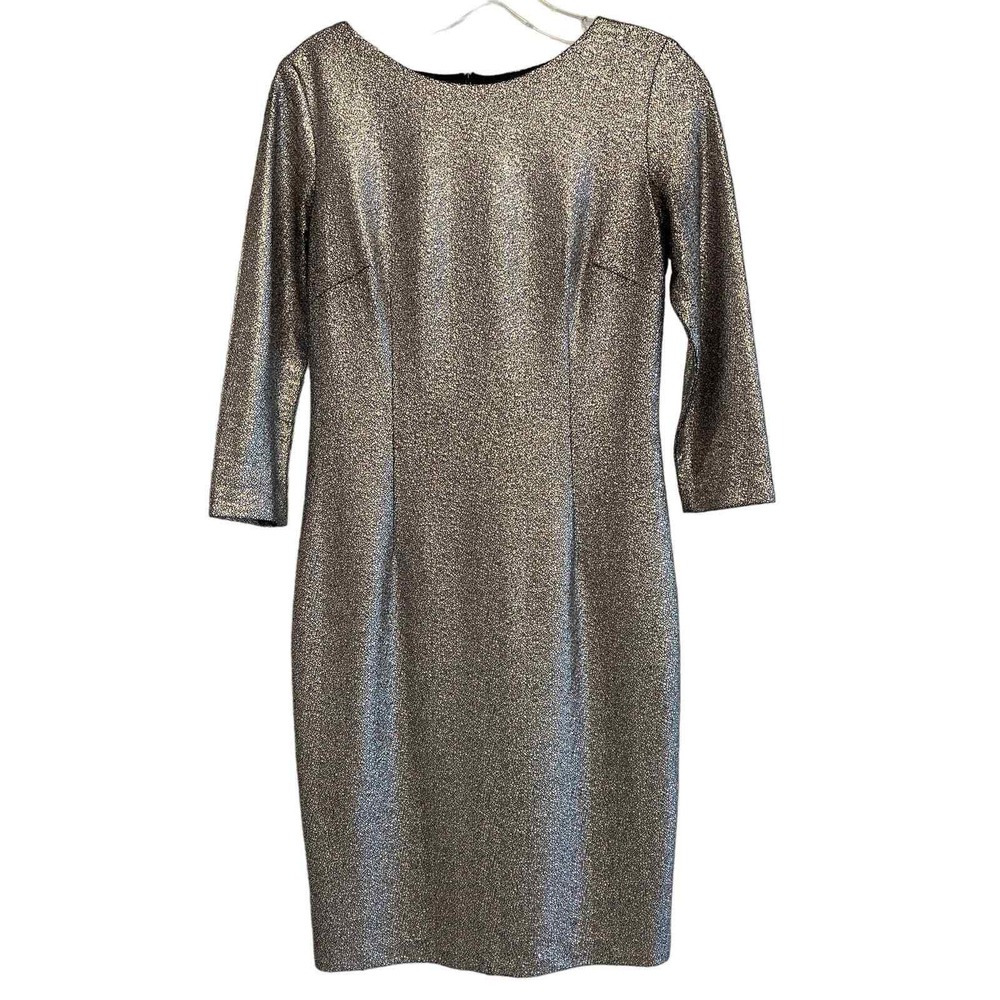 Gibson Latimer Metallic Silver Gold Crackle Sheath Dress 3/4 Sleeve 2516-8 Small